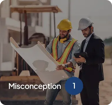 Two construction professionals, one in a safety vest and yellow helmet reviewing blueprints, the other in a suit and white helmet using a tablet at a construction site.