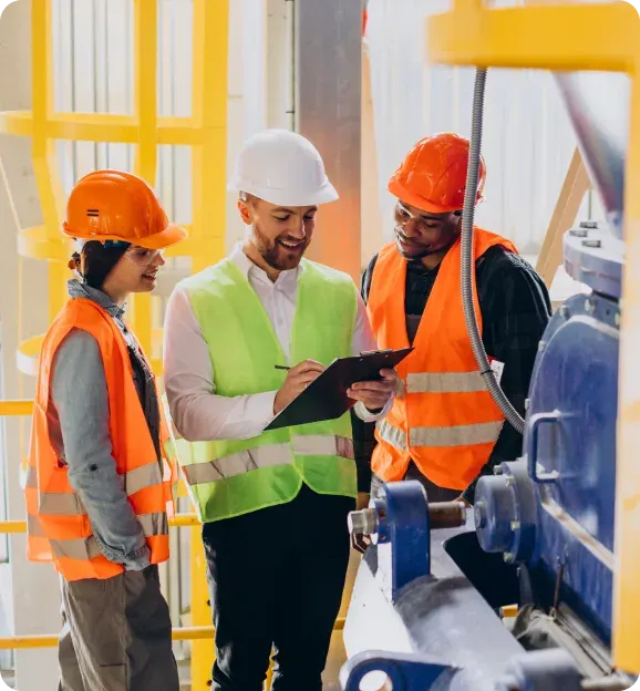 Three industrial workers wearing hard hats and safety vests review a clipboard next to machinery in a factory setting.