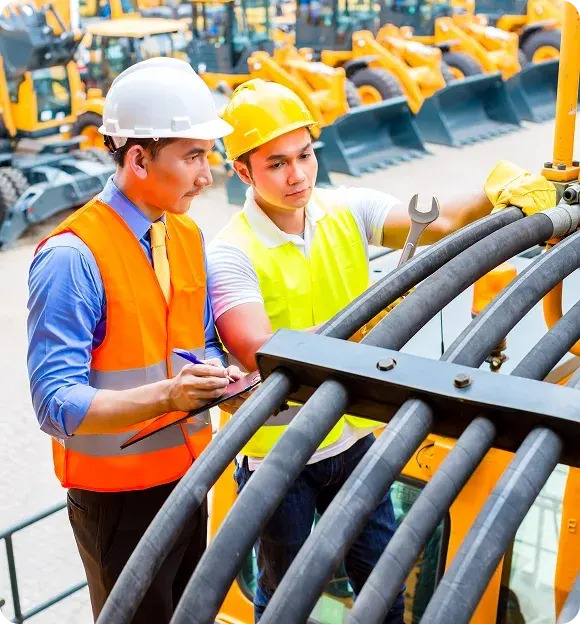 Two construction workers wearing safety helmets and vests inspecting machinery with large hydraulic hoses, one holding a wrench and the other writing on a clipboard.
