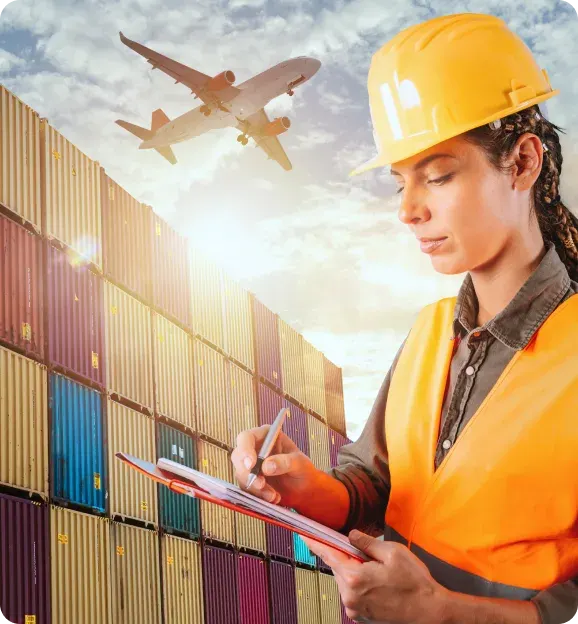 Woman in yellow hard hat and safety vest writing on a clipboard in front of stacked shipping containers with an airplane flying overhead at sunset.