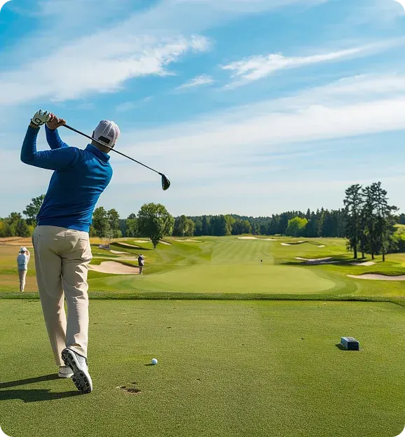 Golfer in blue shirt and beige pants swinging a golf club on a sunny golf course with a clear blue sky.