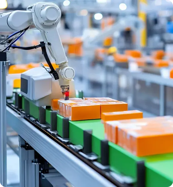 Robotic arm inspecting or packaging orange boxes on a green conveyor belt in a modern automated factory.