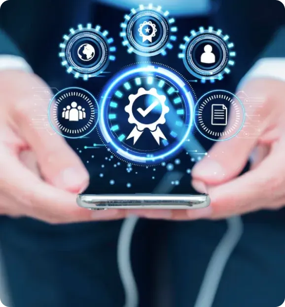 Person holding a smartphone with glowing blue digital icons representing certification, user profiles, globe, team, and documents floating above the device.