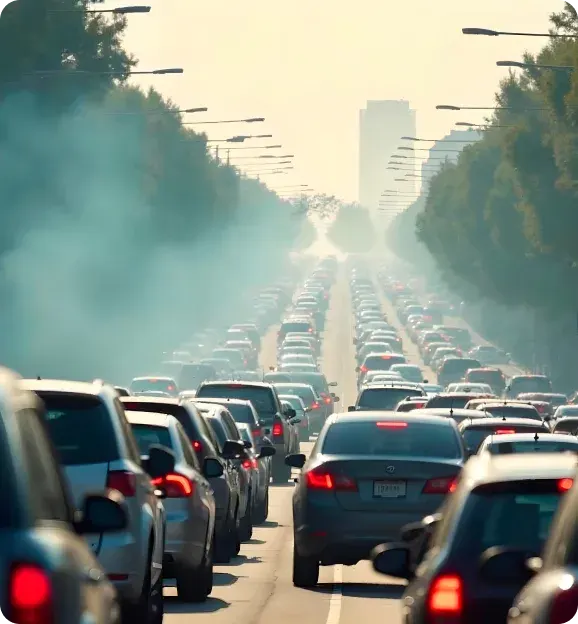 Heavy traffic congestion on a multi-lane road with visible exhaust smoke and streetlights lining both sides.
