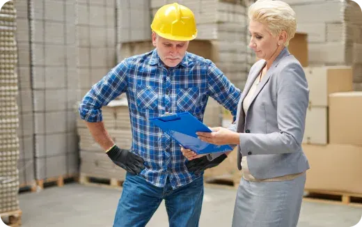 Woman in gray business suit discussing clipboard with a man in a yellow hard hat and plaid shirt in a warehouse.