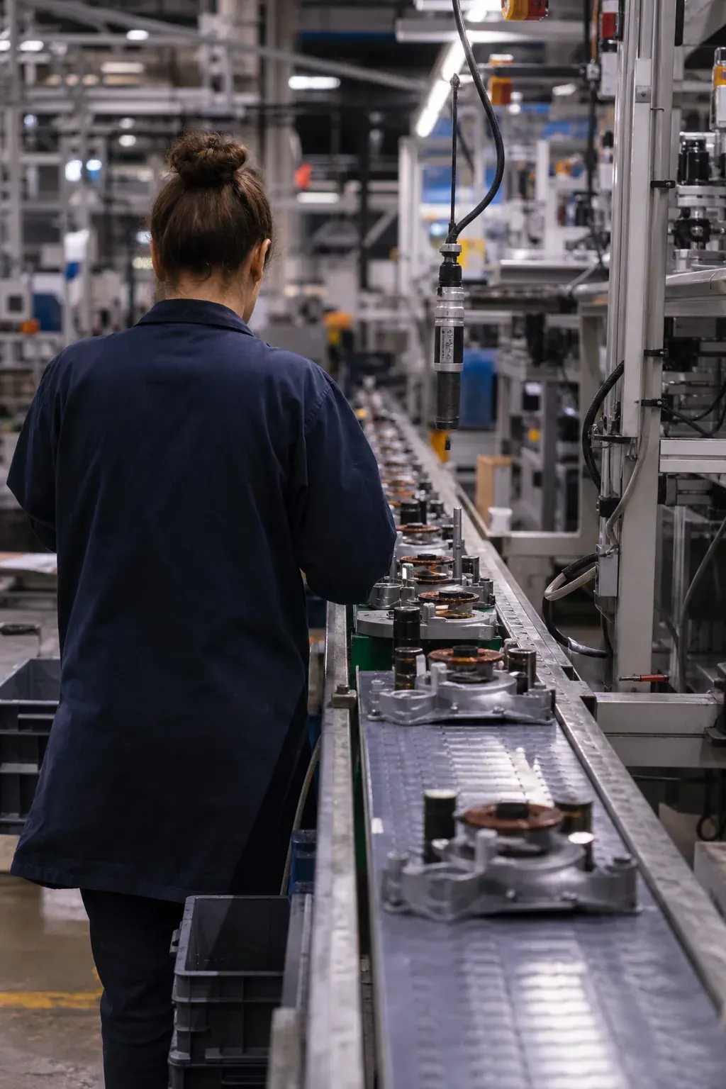 Worker checking parts on an assembly line