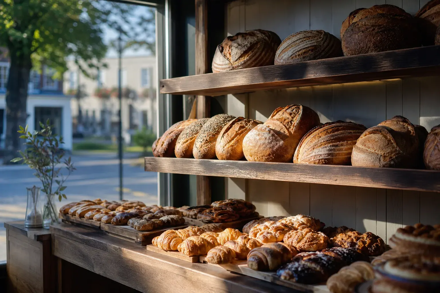 Bakery shelves with fresh bread and pastries