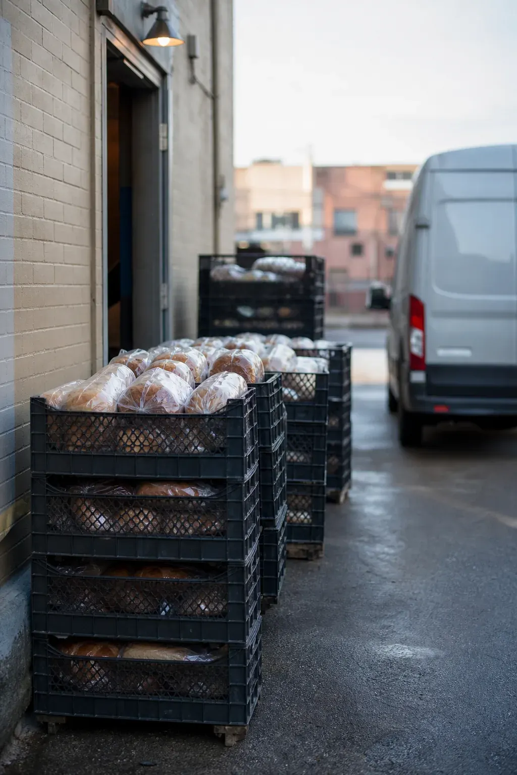 Bread crates ready for wholesale delivery
