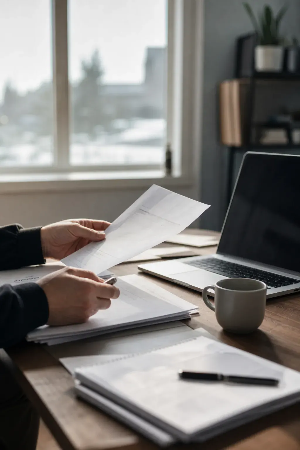 Business owner reviewing insurance documents at a desk