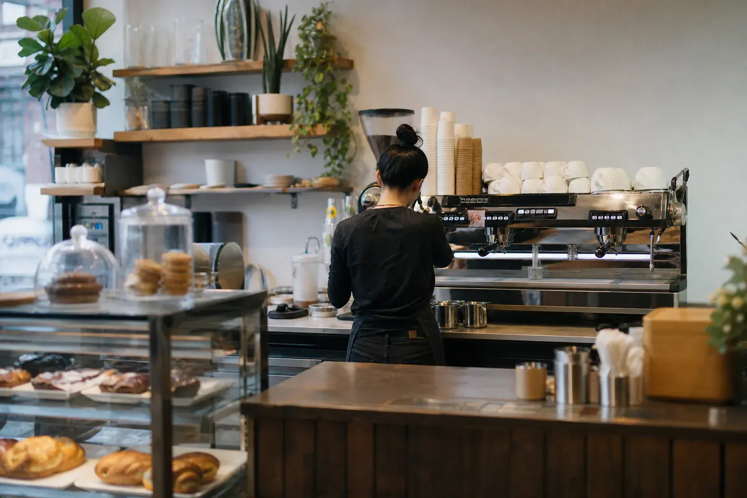Independent coffee shop counter in the morning
