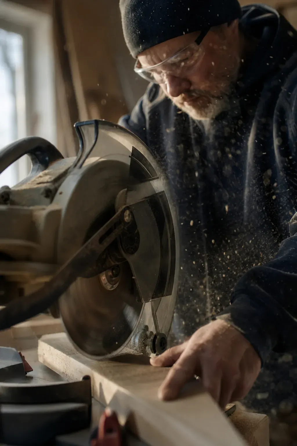 Cutting lumber on a mitre saw