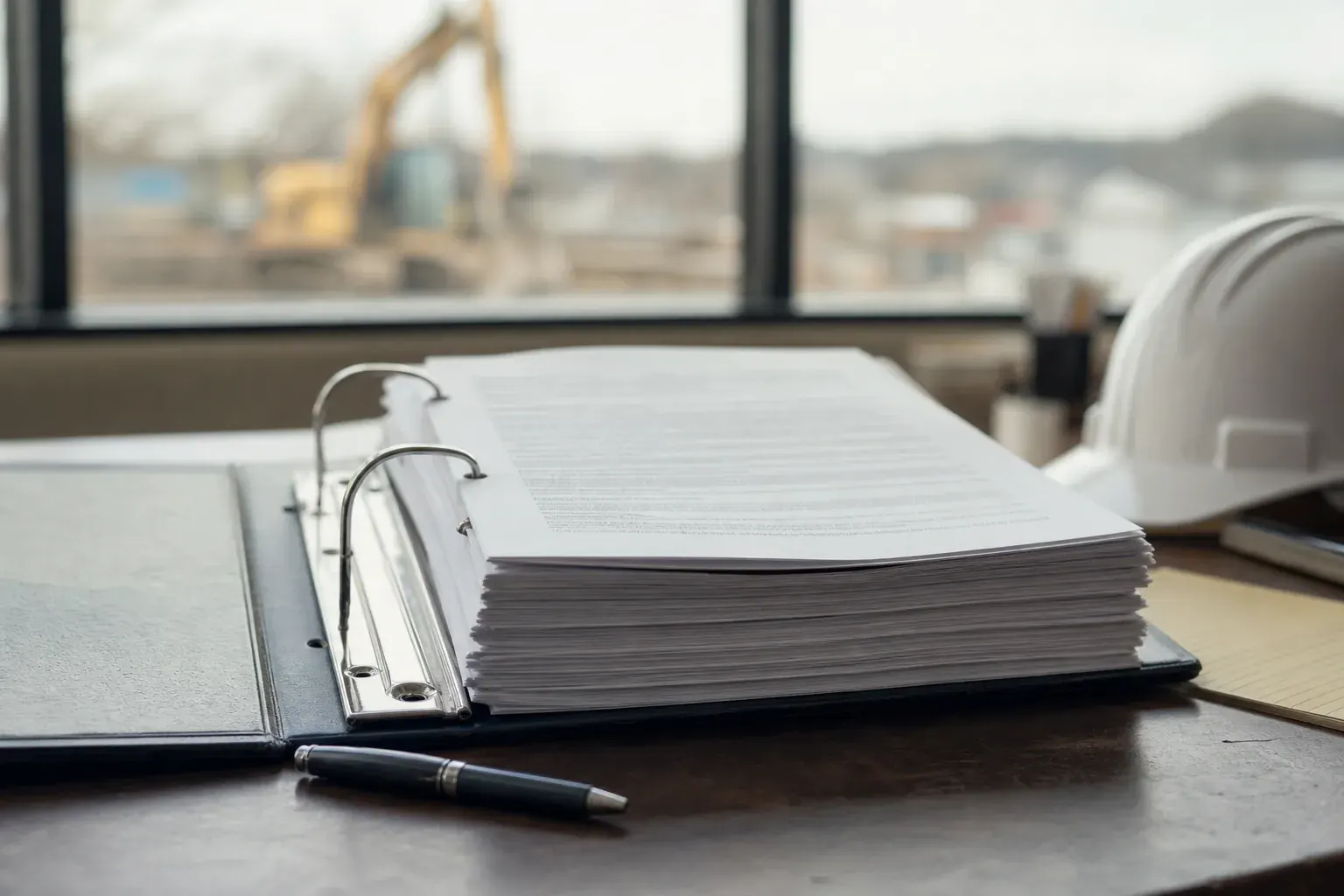 Construction contract documents on a desk