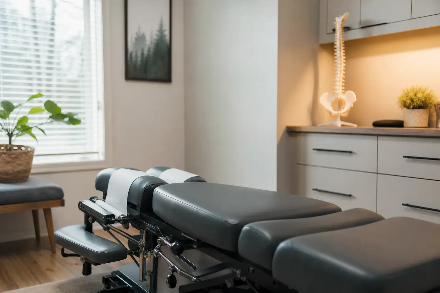Chiropractic treatment room with an adjustment table