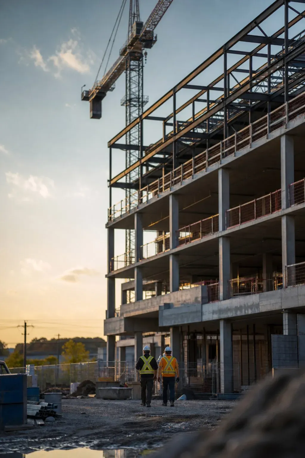Commercial building under construction with a tower crane at golden hour
