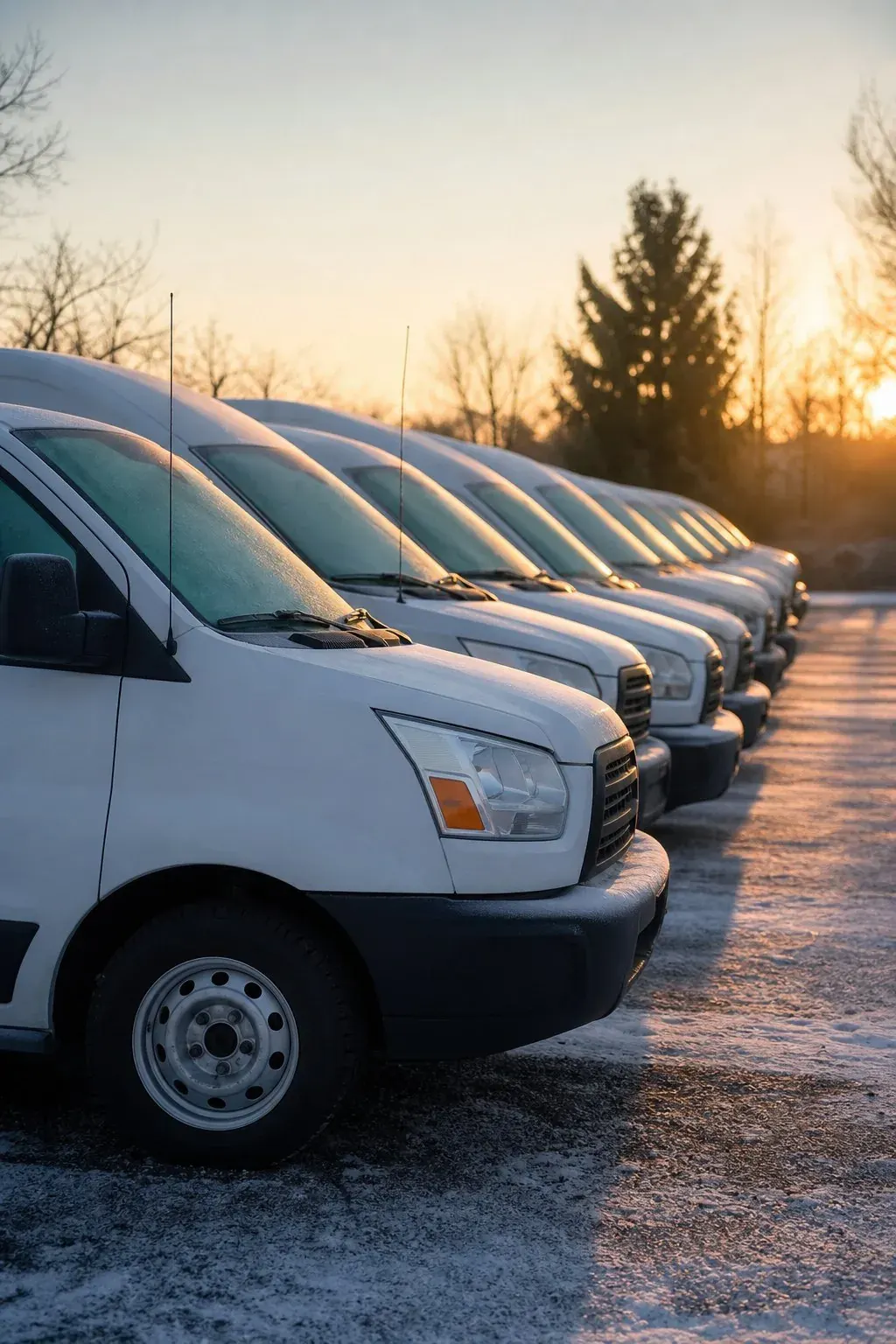 Fleet of white commercial cargo vans parked at sunrise