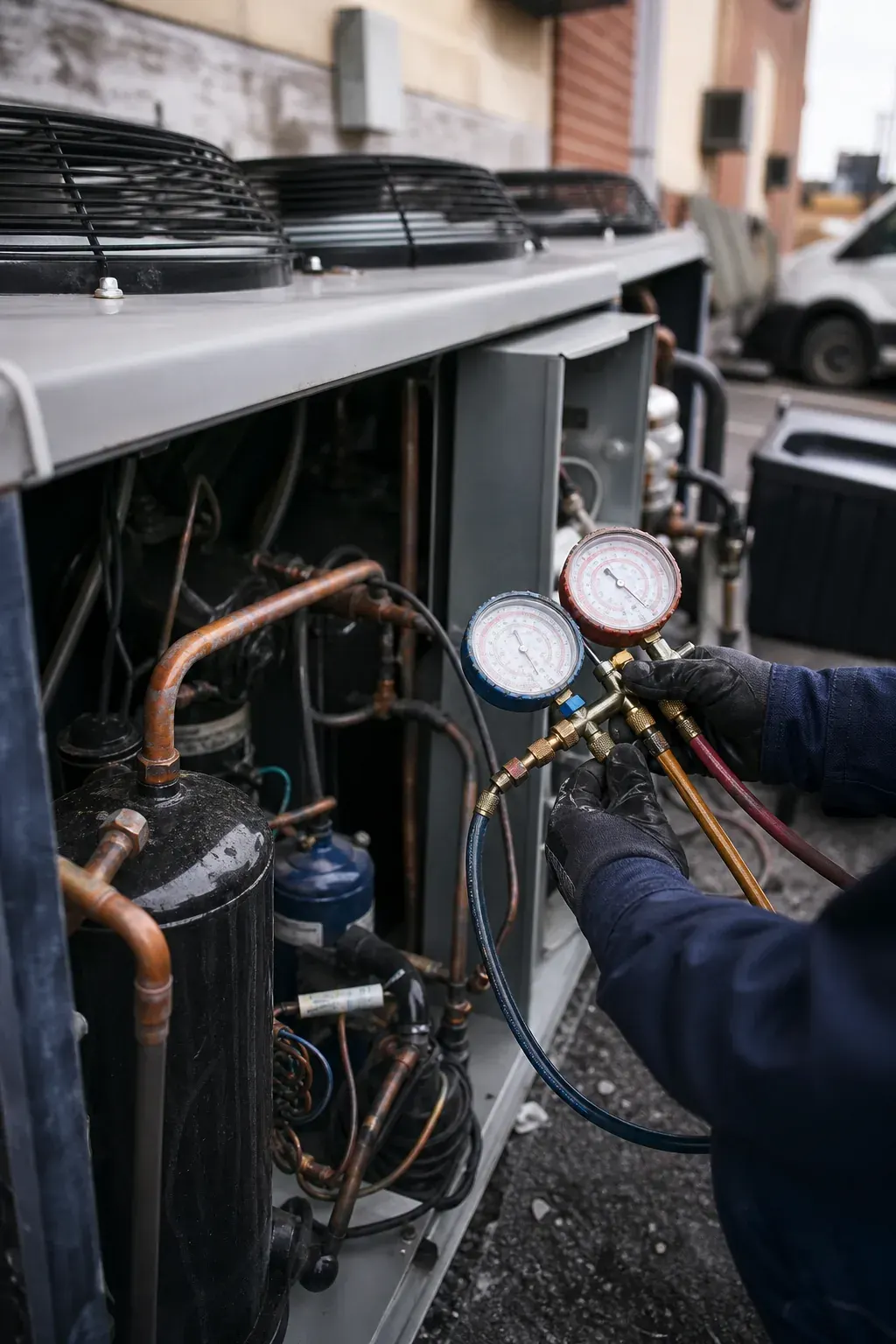 Technician checking a refrigeration compressor