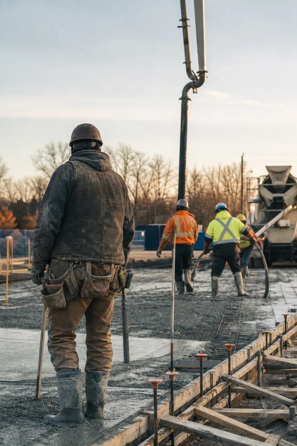 Construction crew pouring a concrete foundation at a commercial site in Ontario
