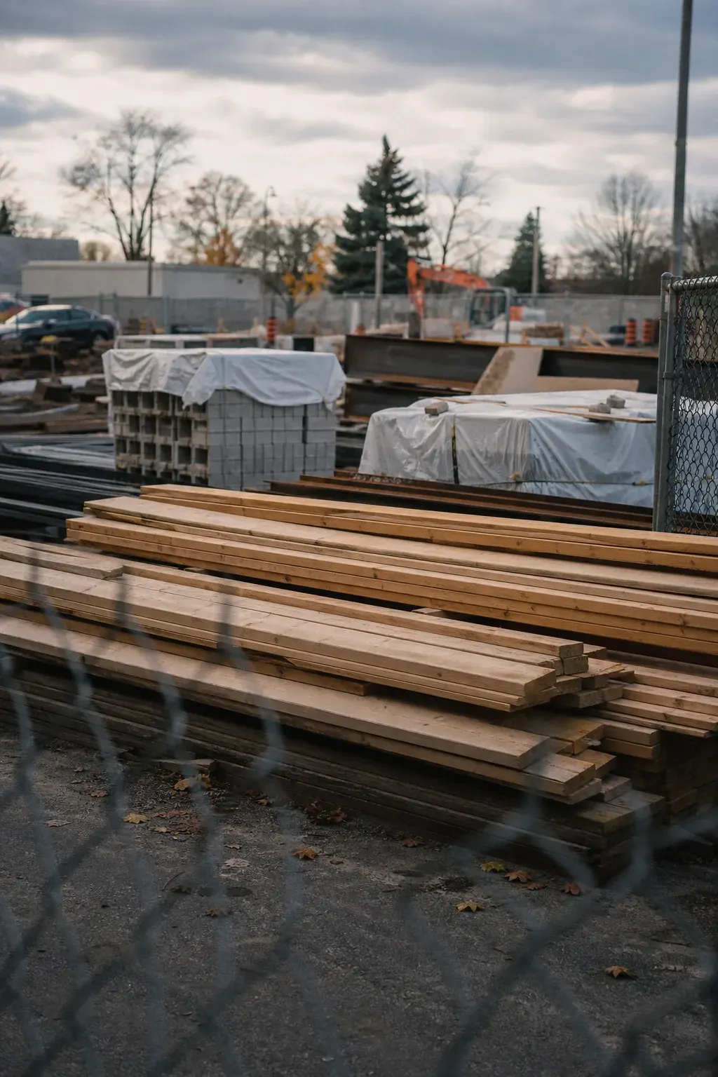 Lumber, steel and materials stored on a construction site