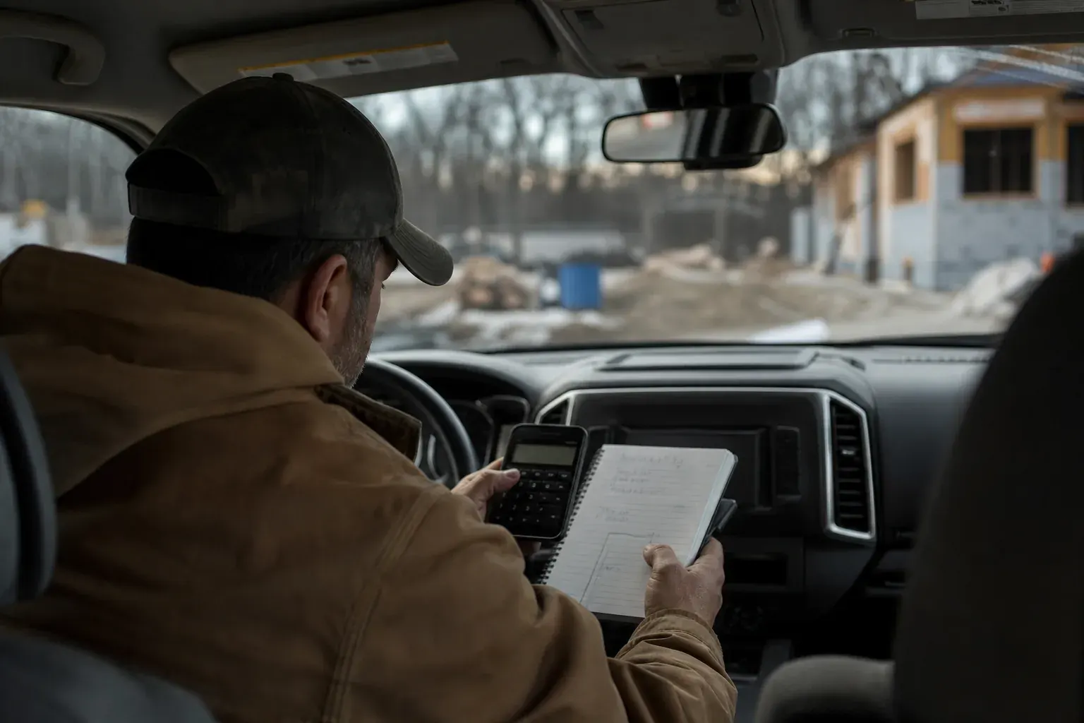 Contractor reviewing costs in a work truck