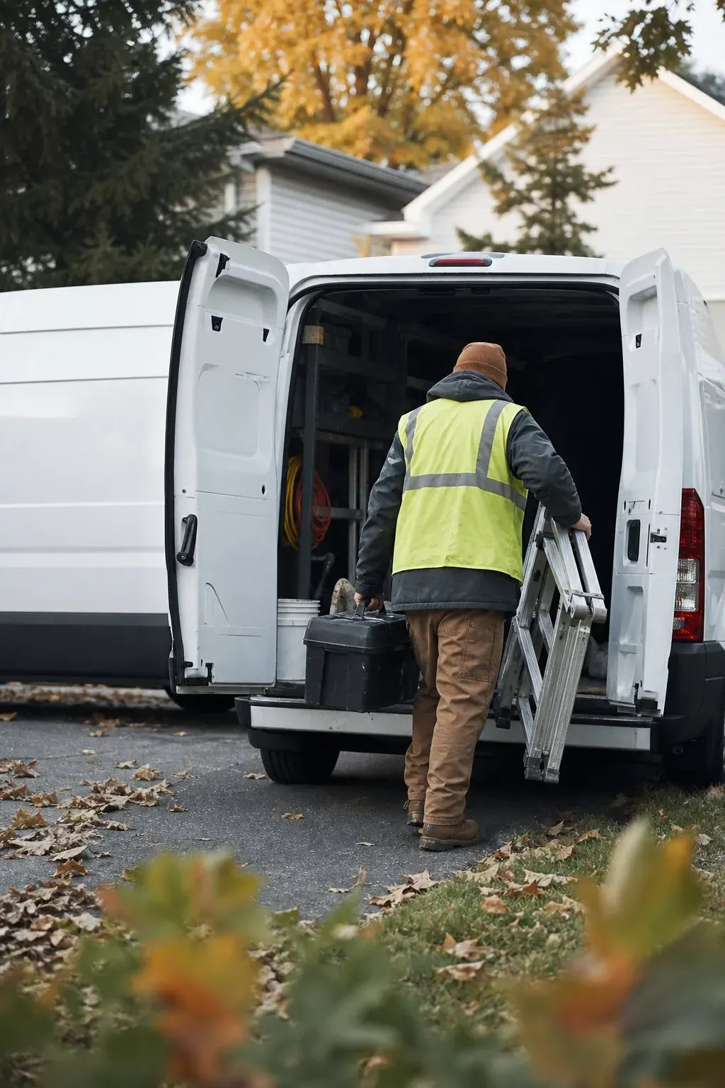 Contractor unloading a toolbox and ladder from a work van at a residential job