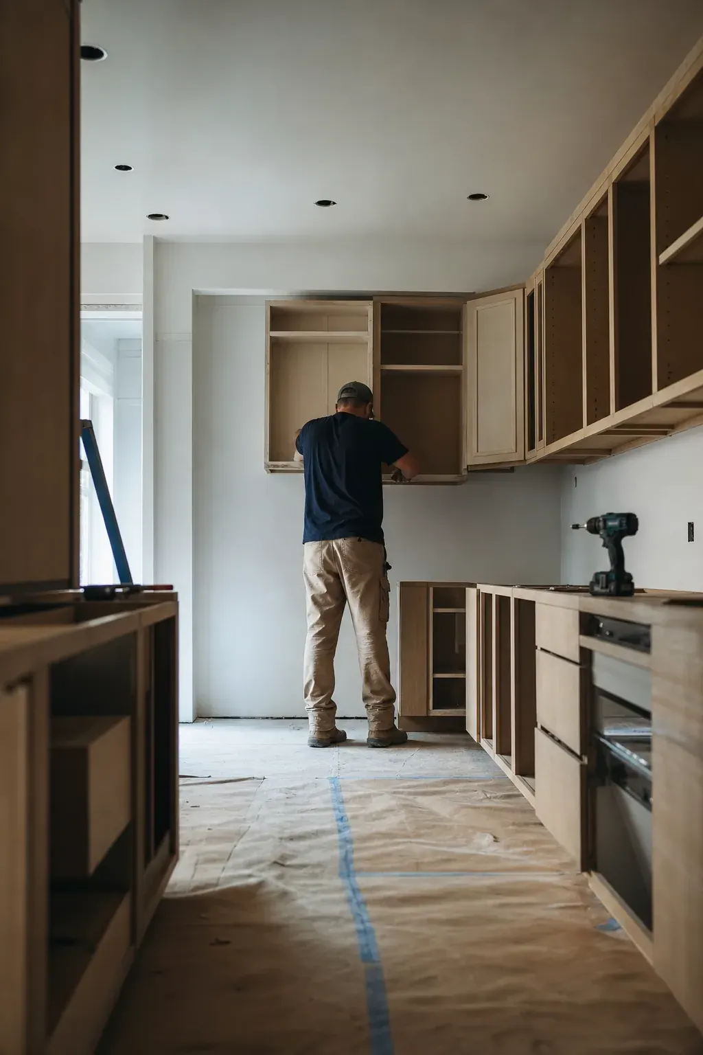 Contractor installing cabinets in a home