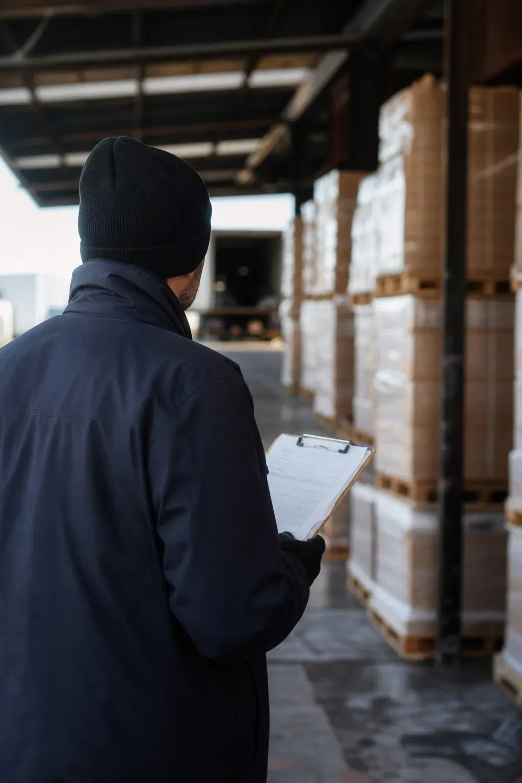 Logistics worker reviewing freight paperwork in a warehouse