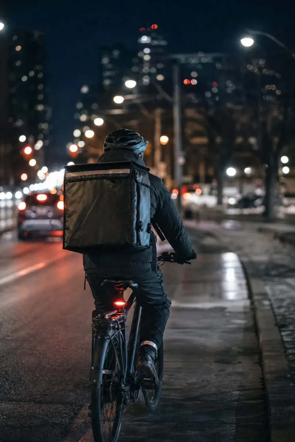 Delivery courier on a bicycle at night