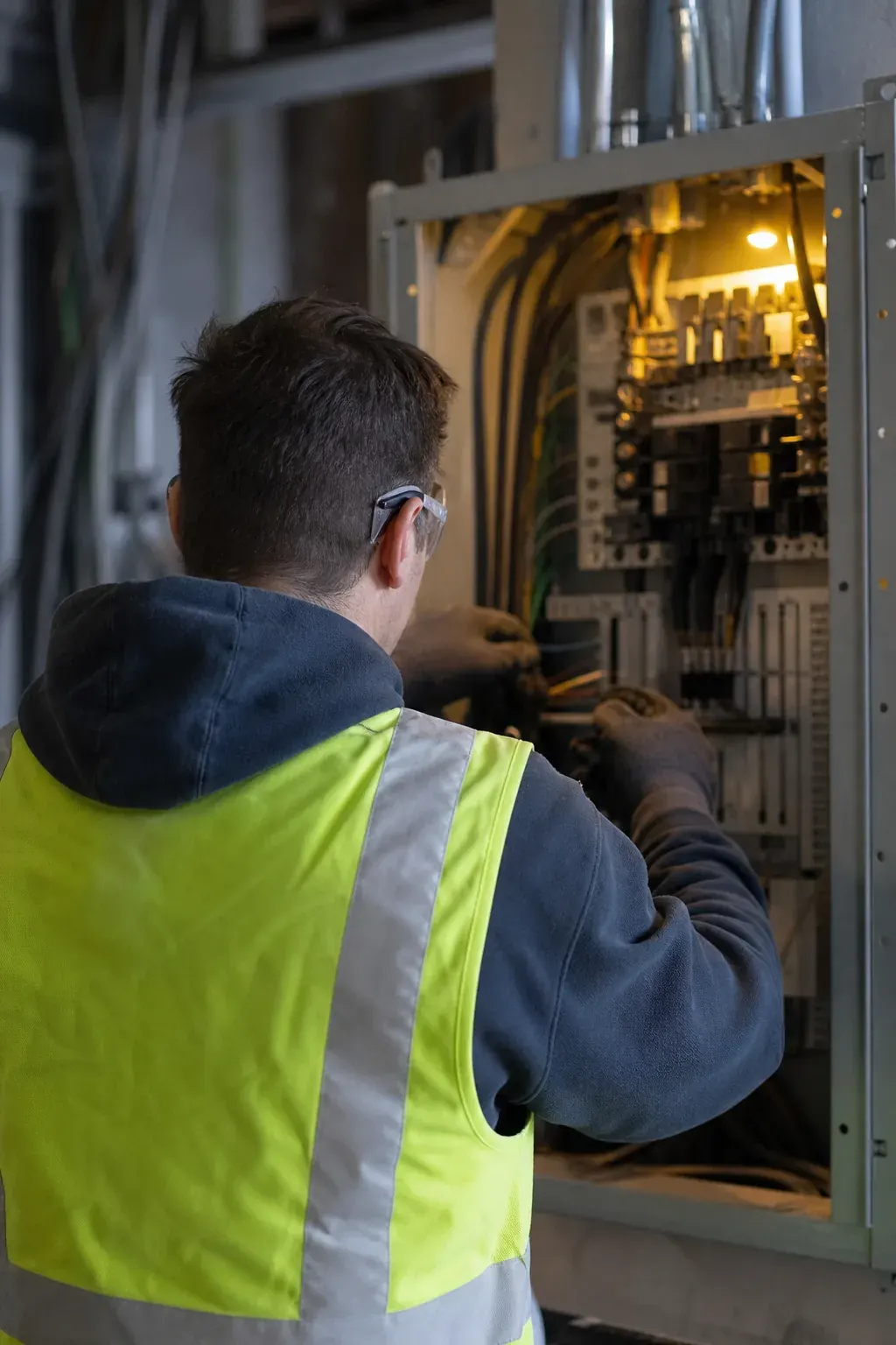 Electrical contractor working on a commercial electrical panel
