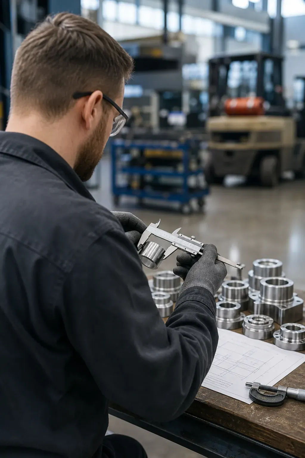 Engineer inspecting manufactured parts for quality