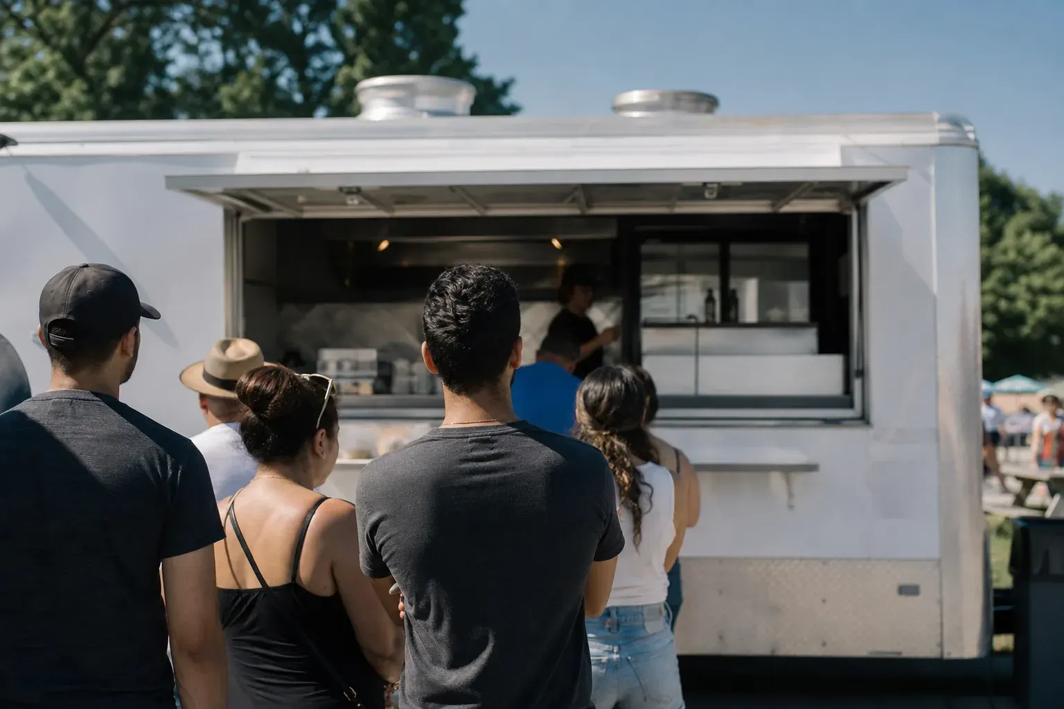 Food truck serving customers at a summer festival