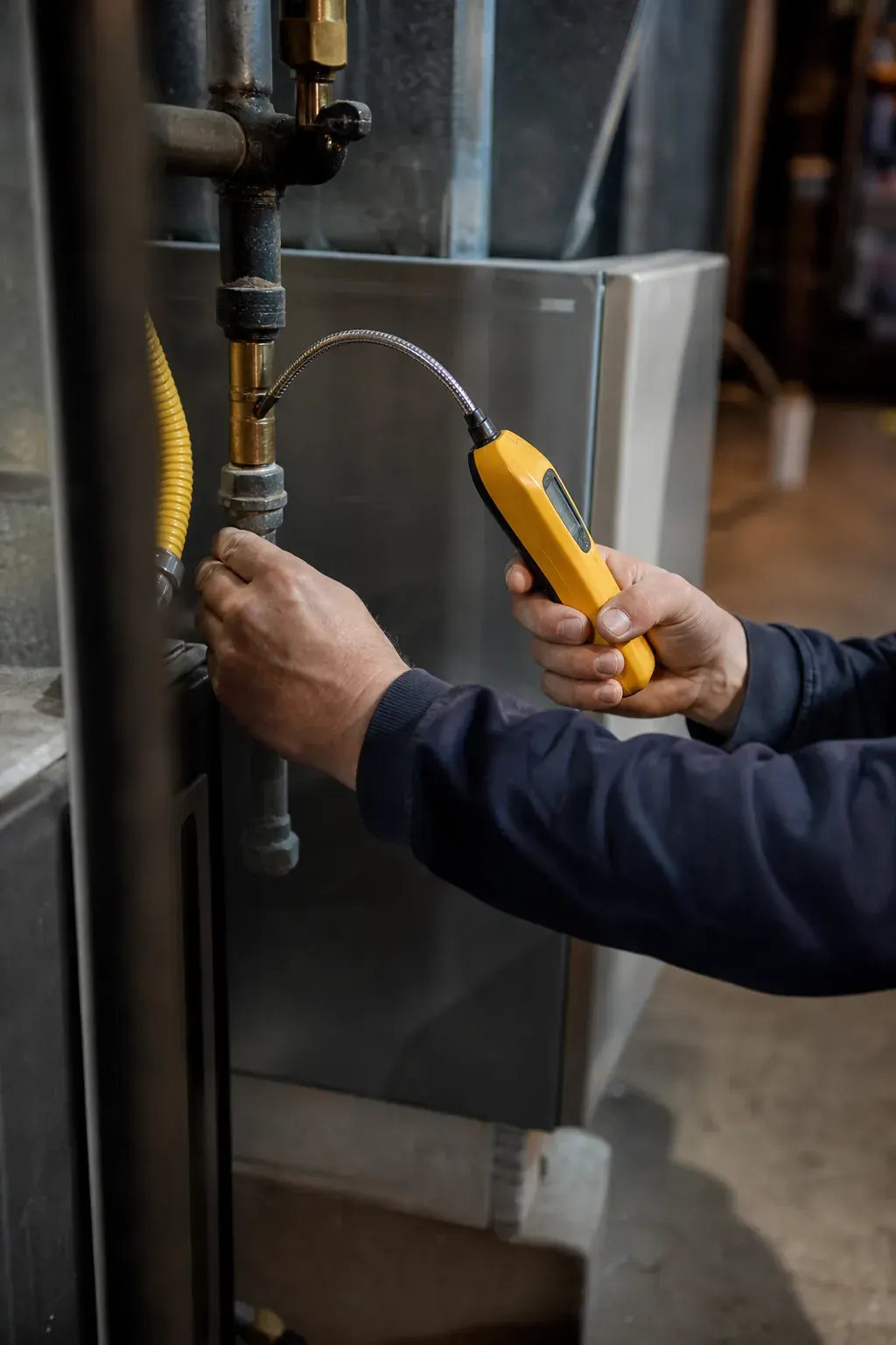 Gas technician testing a line