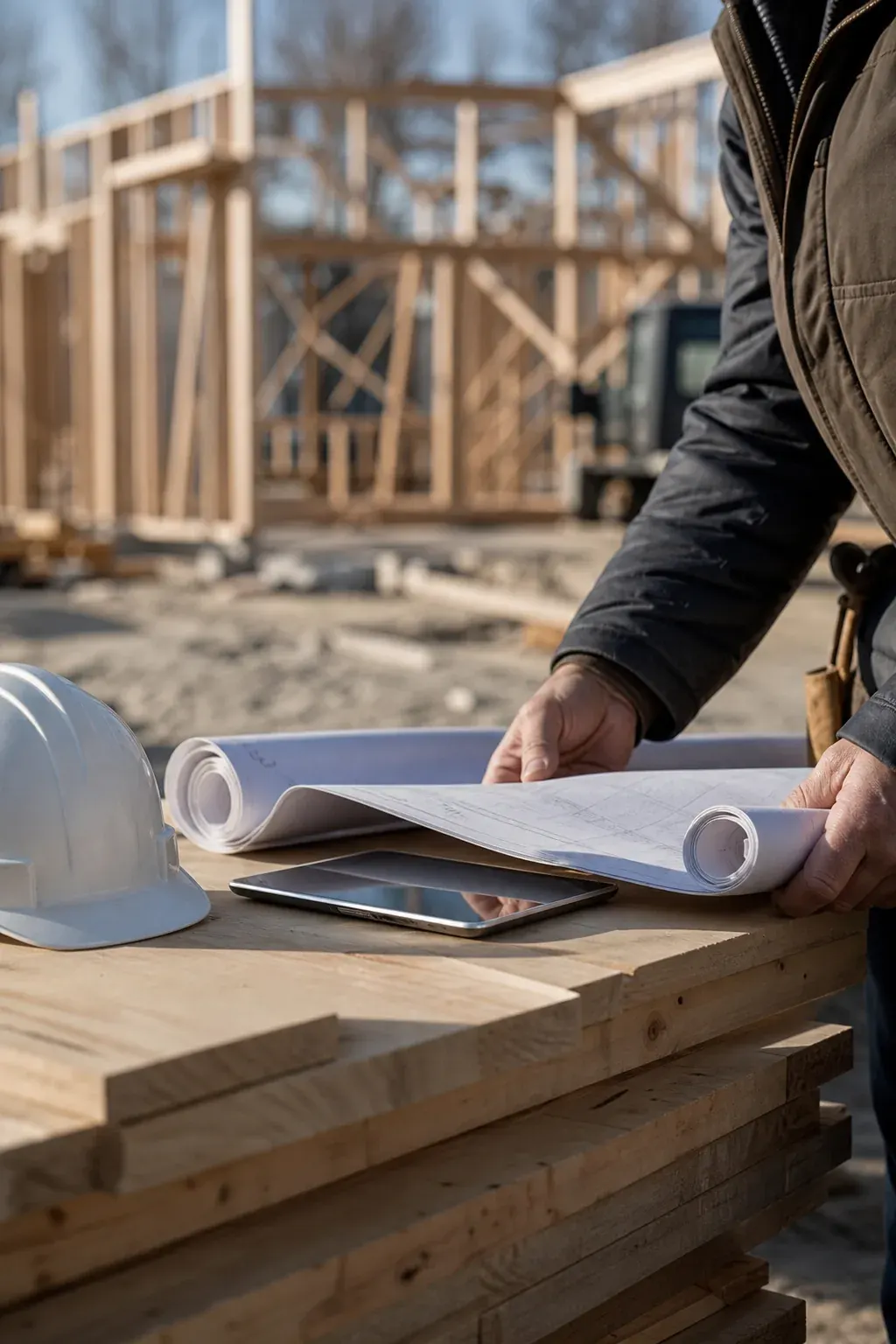General contractor holding blueprints and a tablet at a job site