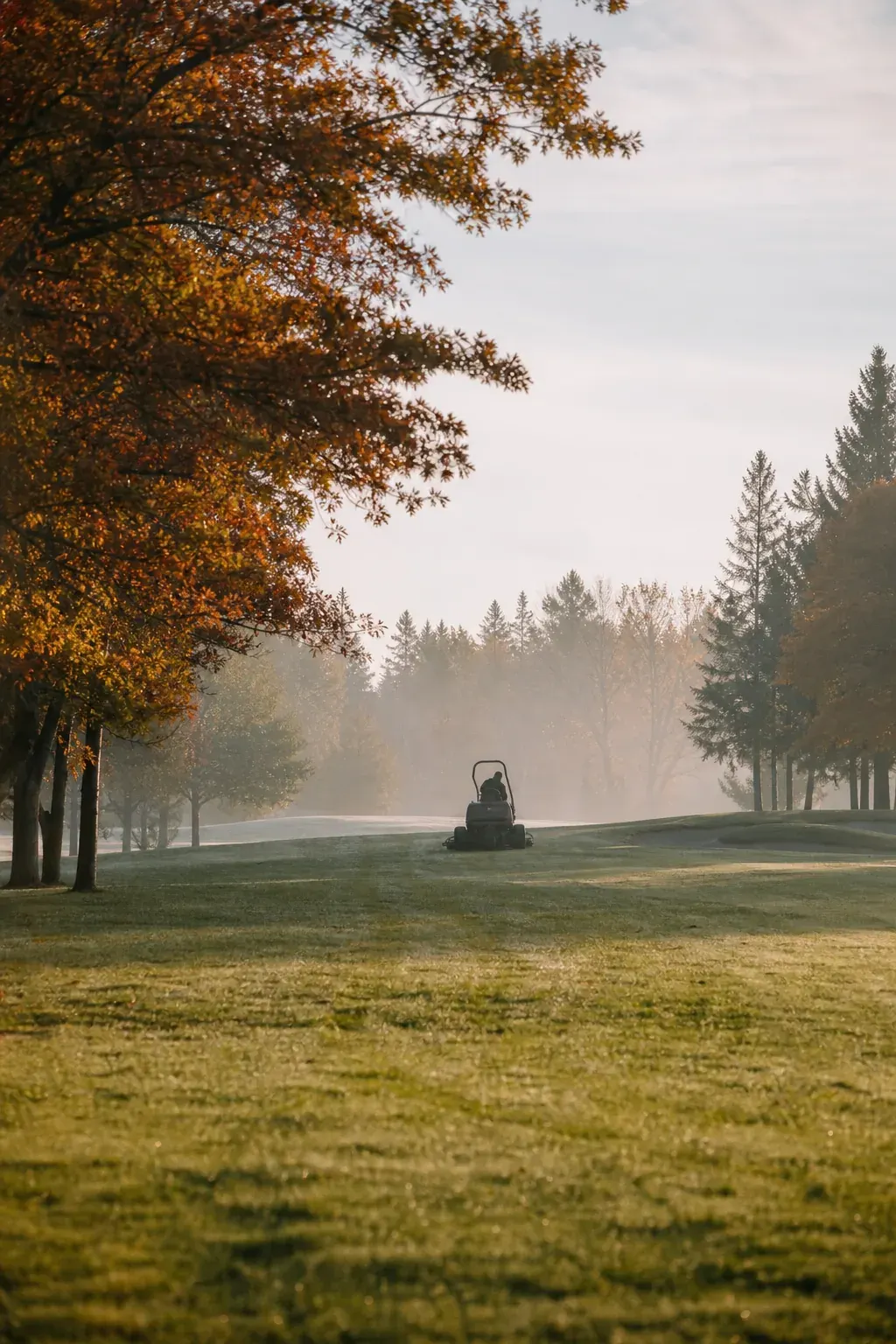 Groundskeeper mowing an Ontario golf course fairway on a misty morning