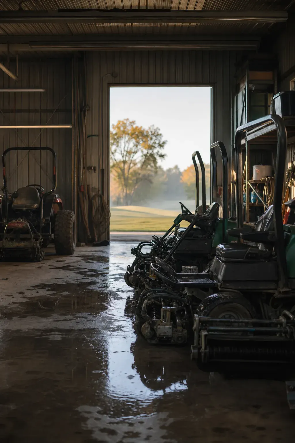 Golf course maintenance barn with reel mowers, a tractor and tools