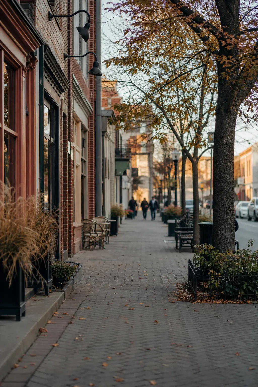 Historic downtown street with brick storefronts