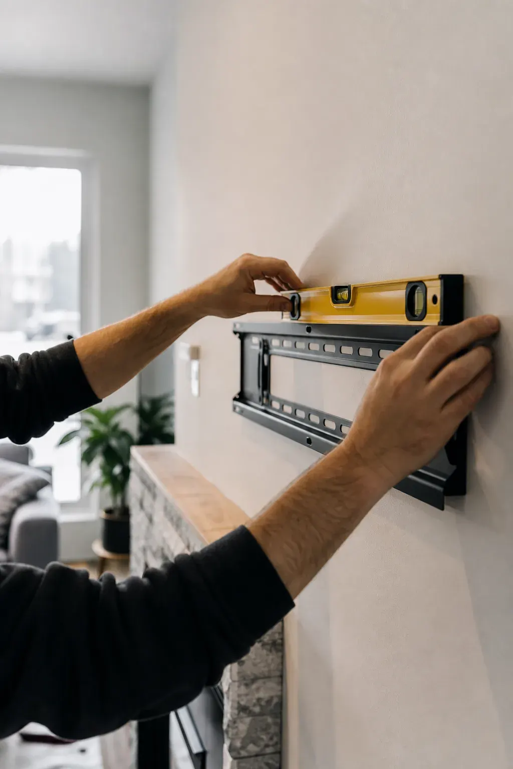 Handyman mounting a bracket