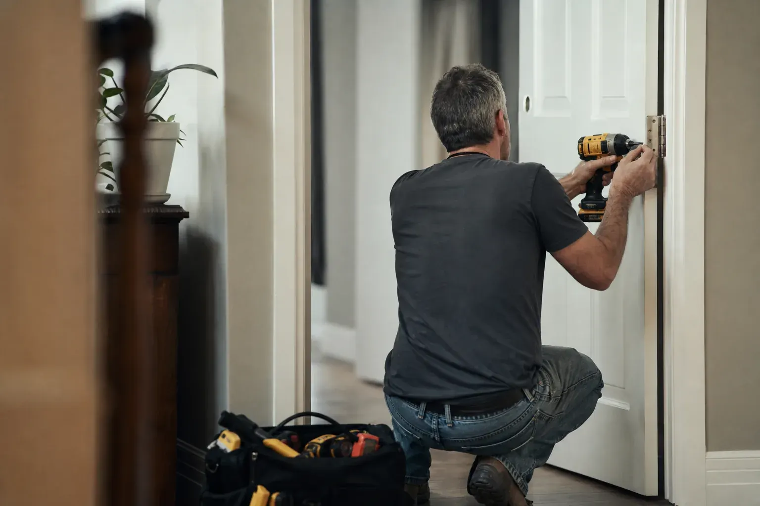 Handyman repairing a door hinge