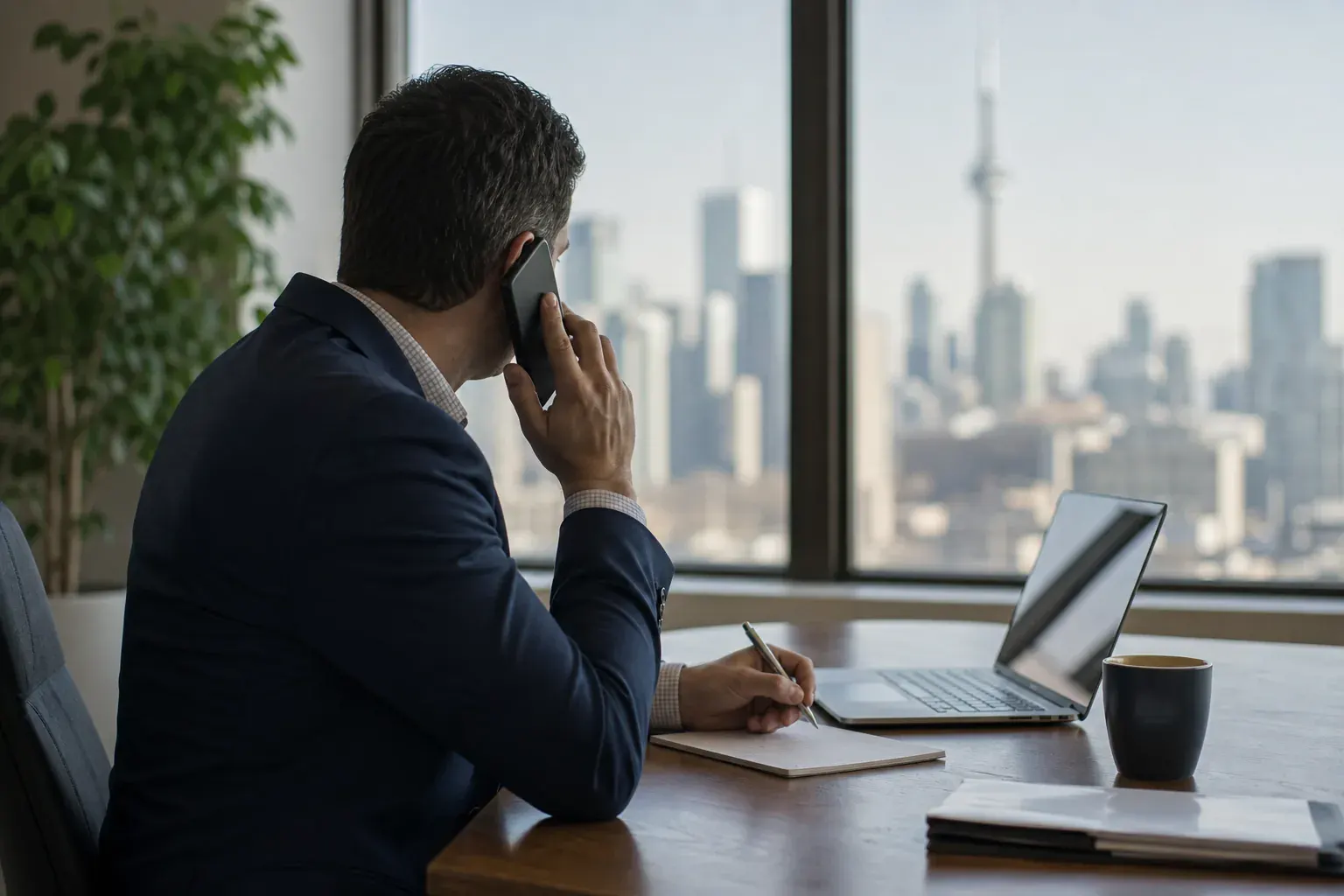 Insurance broker on a discovery call taking notes
