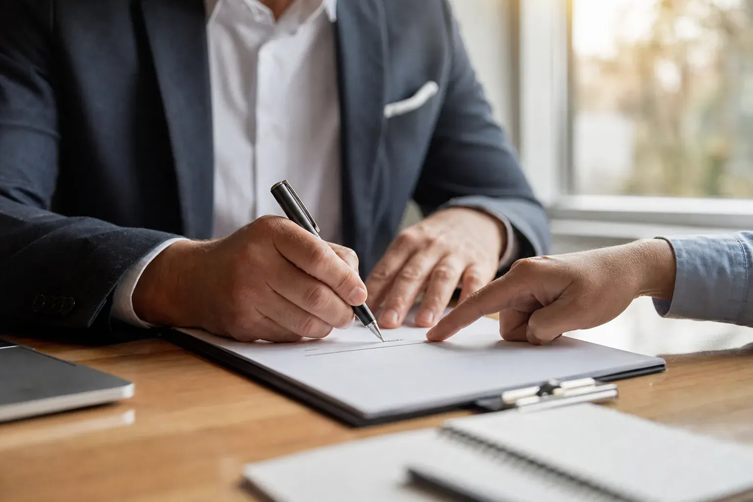 Business owner signing an insurance policy with a broker