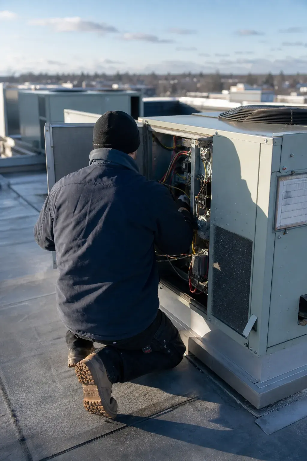 Technician servicing rooftop HVAC units
