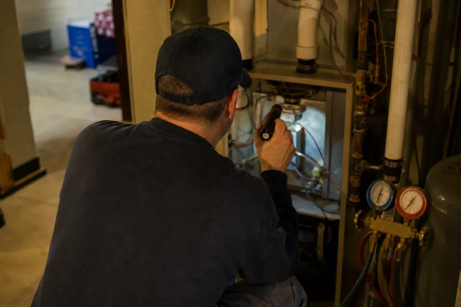 HVAC technician at a furnace