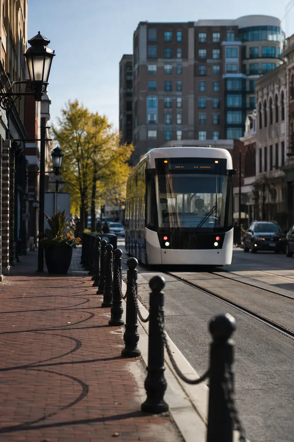 Downtown street with light rail and small businesses
