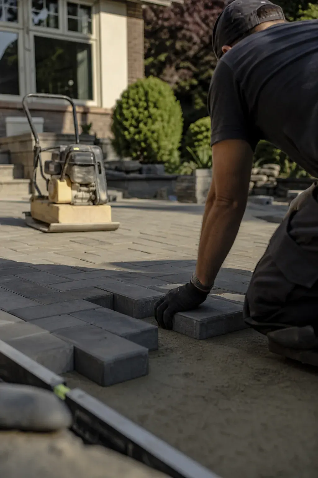 Landscaper laying interlocking paver stones for a backyard patio in Ontario