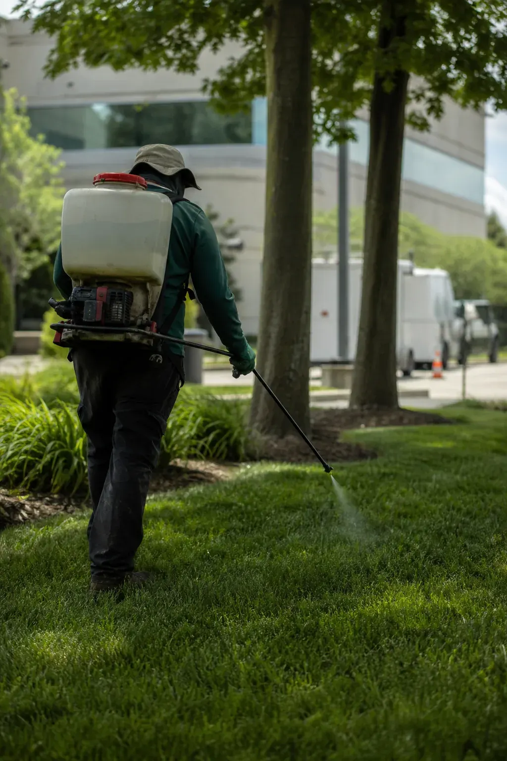 Lawn care worker spraying fertilizer