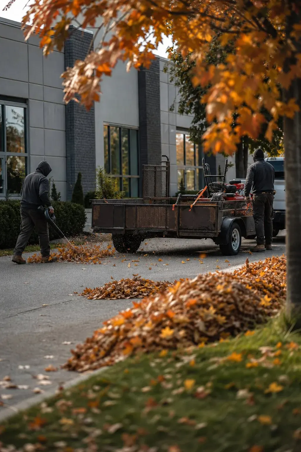Landscaping crew doing a fall cleanup at a commercial property before switching to snow removal season
