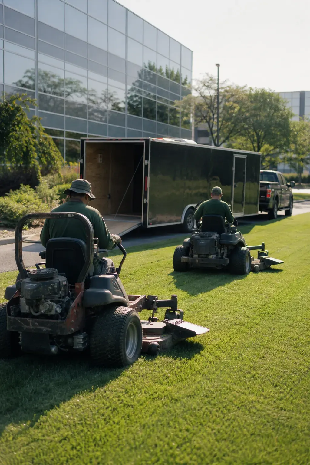 Landscaping crew mowing a commercial office park lawn with zero turn mowers