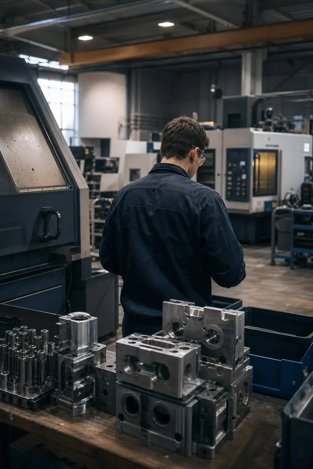 Worker on a manufacturing floor with CNC machines in Ontario