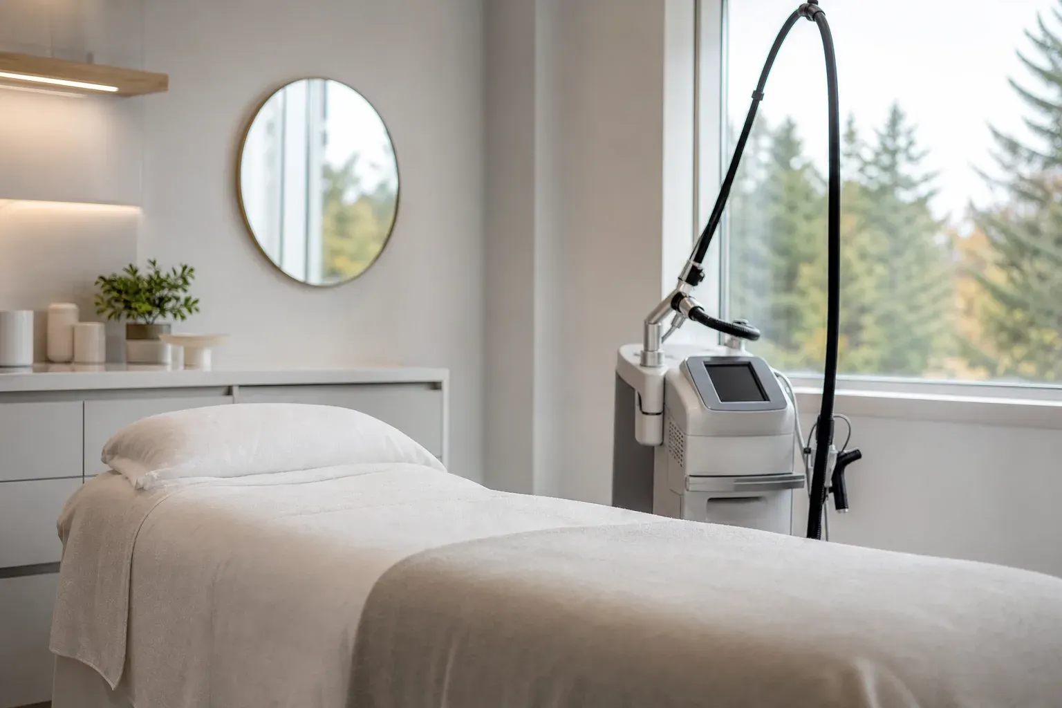 Medical aesthetics treatment room with a laser device