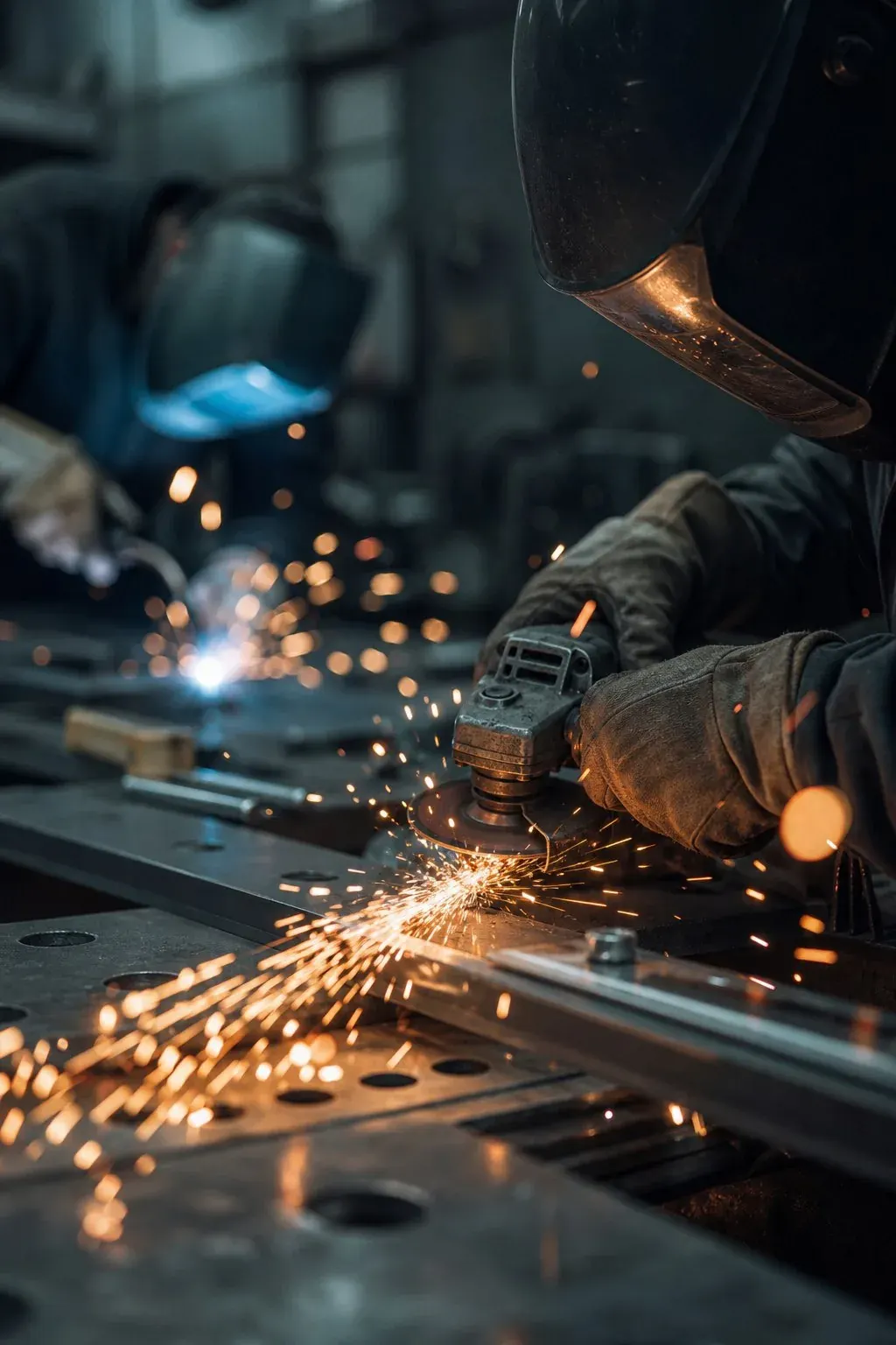 Welder working in a metal fabrication shop with sparks flying