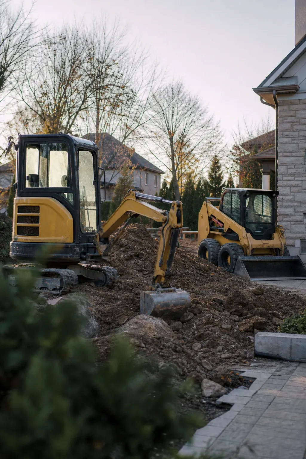 Mini excavator and skid steer on site
